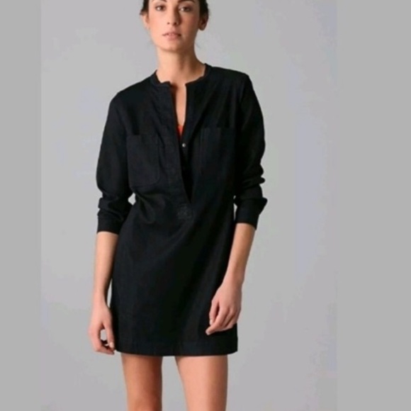 VINCE $320 Cupro Denim Indigo L/S Snap Henley Stretchy Dress split hems 2  XS/S - Picture 2 of 16
